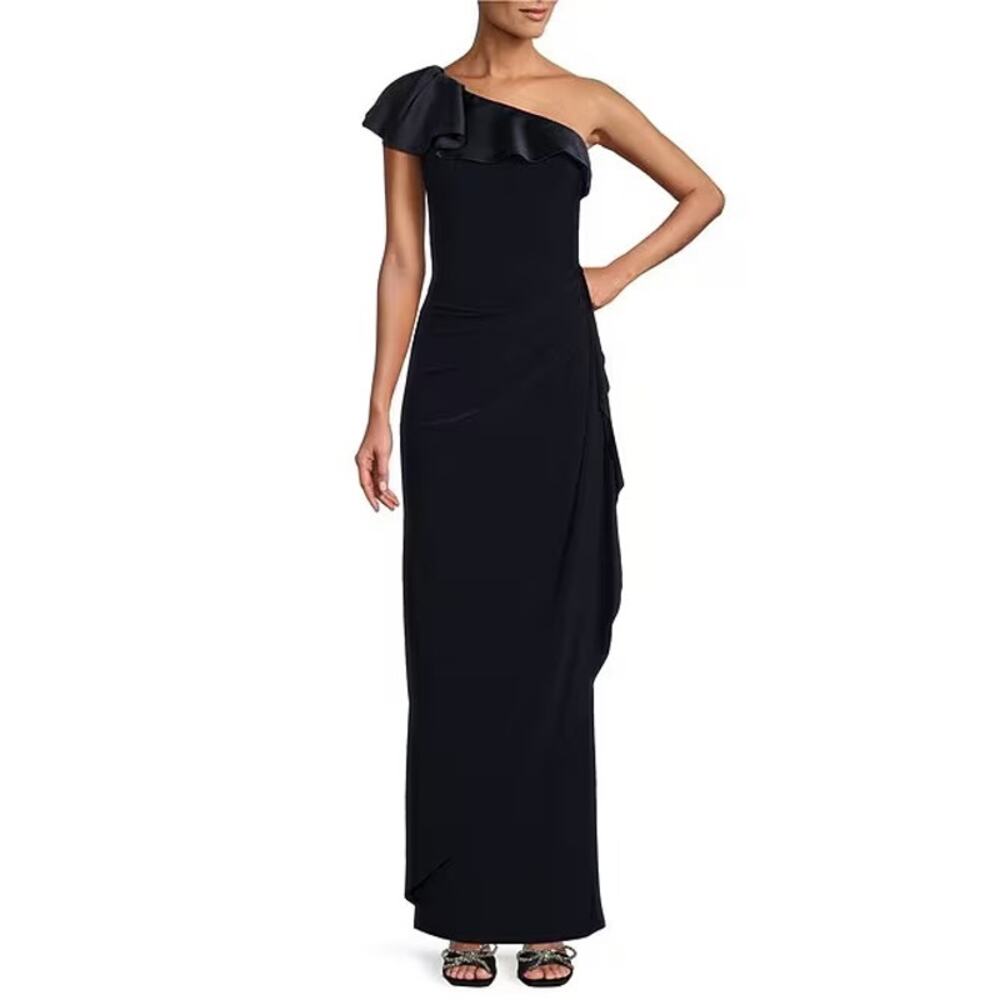 Alex Evenings Deep Navy One-Shoulder Ruffle Gown Size 4